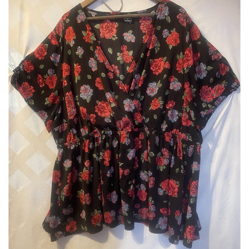 TORRID Babydoll Peasant Red Roses Black Blouse/Tunic 5 4X